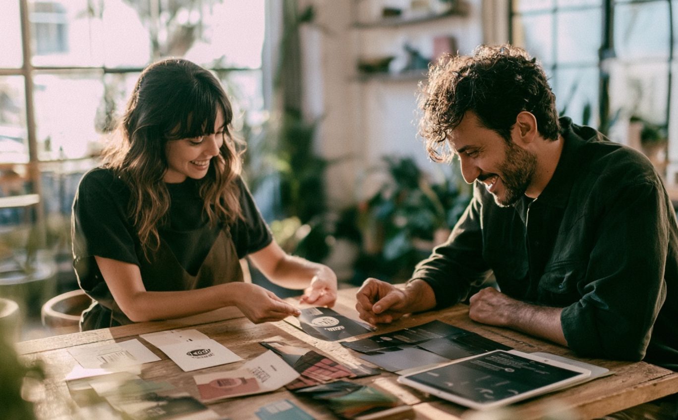 Designer apresentando a nova identidade visual a um cliente, os dois sorrindo diante das peças espalhadas na mesa
